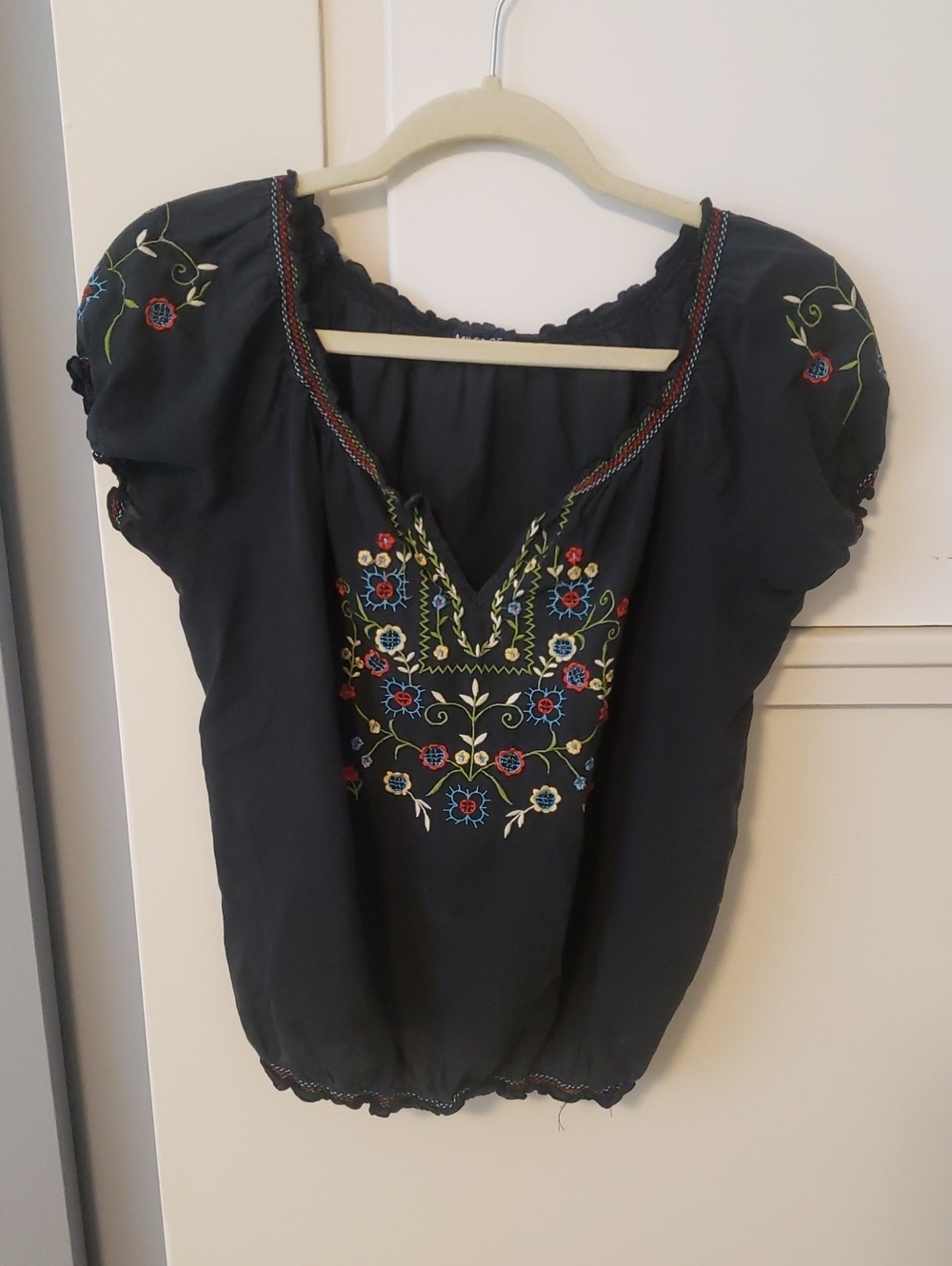 Embroidered Peasant Blouse - Navy Blue